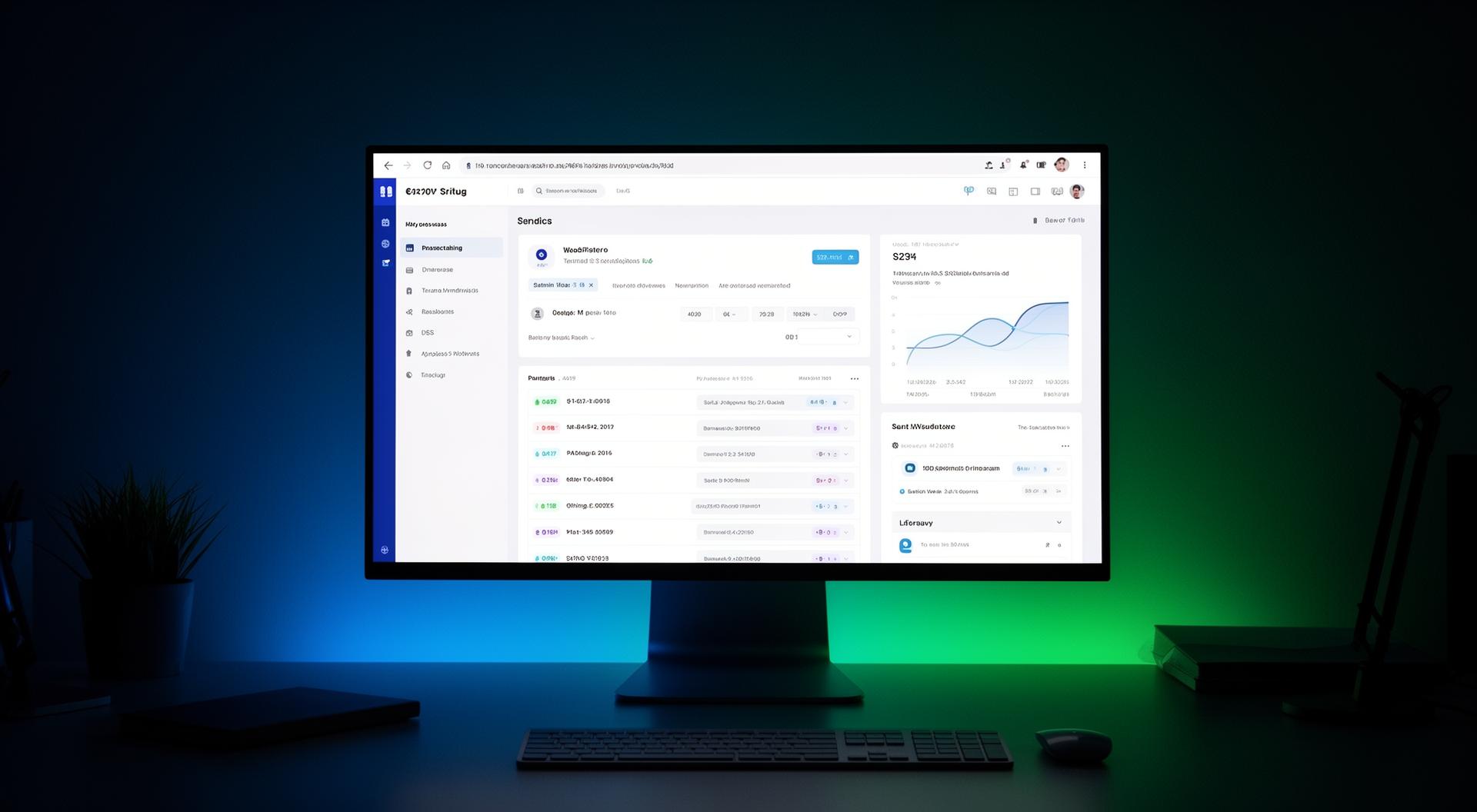 Desktop monitor displaying a wholesale CRM with order records and sales charts